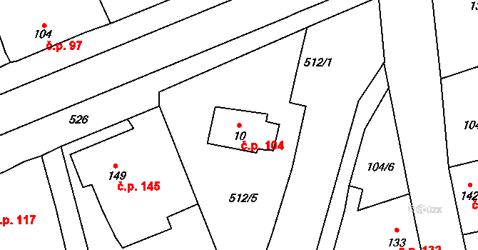Rudná 104 na parcele st. 10 v KÚ Dušníky u Rudné, Katastrální mapa