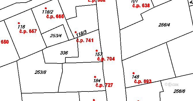 Rudná 704 na parcele st. 157 v KÚ Hořelice, Katastrální mapa