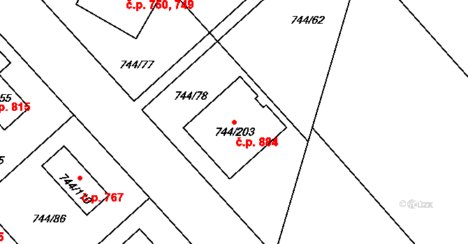 Kolovraty 884, Praha na parcele st. 744/203 v KÚ Kolovraty, Katastrální mapa