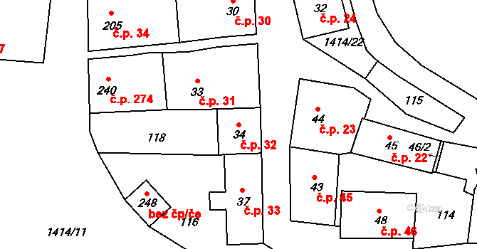 Lhenice 32 na parcele st. 34 v KÚ Lhenice, Katastrální mapa