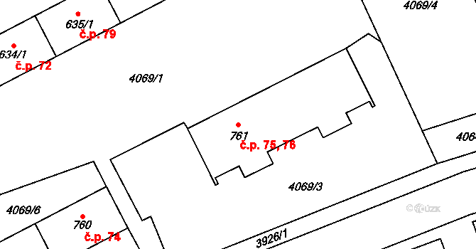 Kryry 75,76 na parcele st. 761 v KÚ Kryry, Katastrální mapa