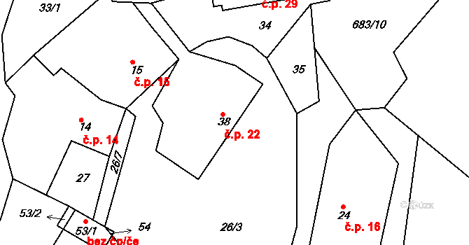 Petrovice u Uhelné Příbramě 22, Uhelná Příbram na parcele st. 38 v KÚ Petrovice u Uhelné Příbramě, Katastrální mapa