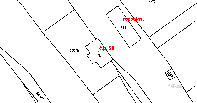 Ondřejov 28, Pláně na parcele st. 110 v KÚ Ondřejov nad Střelou, Katastrální mapa