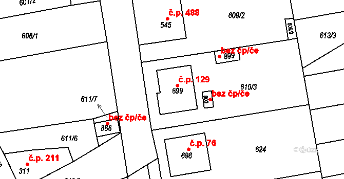 Horní Moštěnice 129 na parcele st. 699 v KÚ Horní Moštěnice, Katastrální mapa