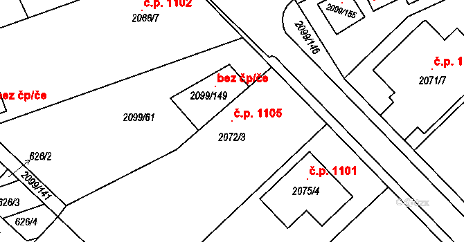 Lužice 1105 na parcele st. 2072/3 v KÚ Lužice u Hodonína, Katastrální mapa