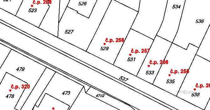 Těšany 258 na parcele st. 529 v KÚ Těšany, Katastrální mapa