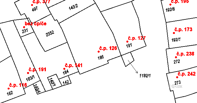 Násedlovice 126 na parcele st. 186 v KÚ Násedlovice, Katastrální mapa