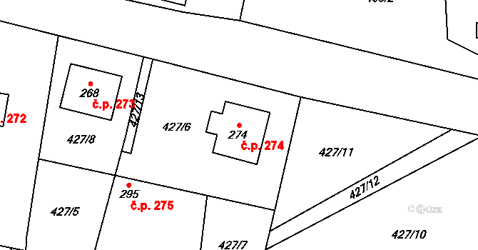 Veltruby 274 na parcele st. 274 v KÚ Veltruby, Katastrální mapa