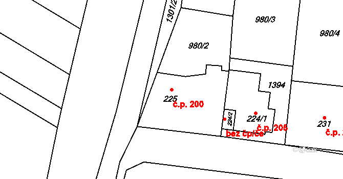 Škvorec 200 na parcele st. 225 v KÚ Škvorec, Katastrální mapa