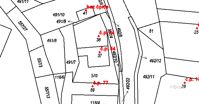Třebovětice 54, Cerekvice nad Bystřicí na parcele st. 37 v KÚ Třebovětice, Katastrální mapa
