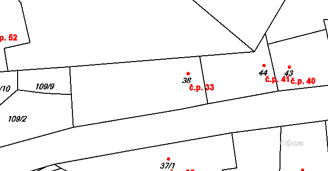 Nížebohy 33, Budyně nad Ohří na parcele st. 38/1 v KÚ Nížebohy, Katastrální mapa