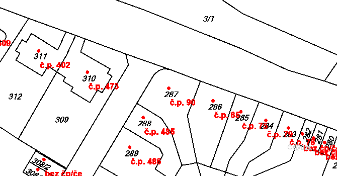 Střekov 90, Ústí nad Labem na parcele st. 287 v KÚ Střekov, Katastrální mapa