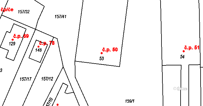 Stožice 50 na parcele st. 53 v KÚ Stožice, Katastrální mapa