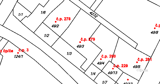 Mohelno 279 na parcele st. 49/3 v KÚ Mohelno, Katastrální mapa