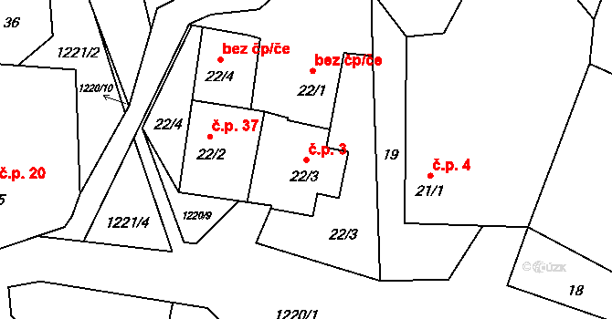 Račerovice 3, Třebíč na parcele st. 22/3 v KÚ Račerovice, Katastrální mapa