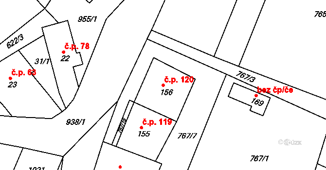 Rozseč nad Kunštátem 120 na parcele st. 156 v KÚ Rozseč nad Kunštátem, Katastrální mapa