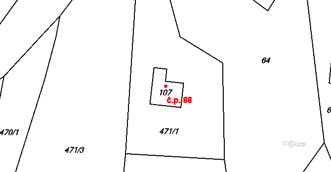Kostelní Střimelice 88, Stříbrná Skalice na parcele st. 107 v KÚ Kostelní Střimelice, Katastrální mapa