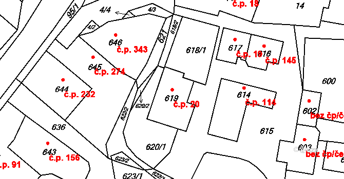Jablůnka 20 na parcele st. 619 v KÚ Jablůnka, Katastrální mapa