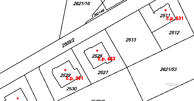 Ruzyně 483, Praha na parcele st. 2528 v KÚ Ruzyně, Katastrální mapa
