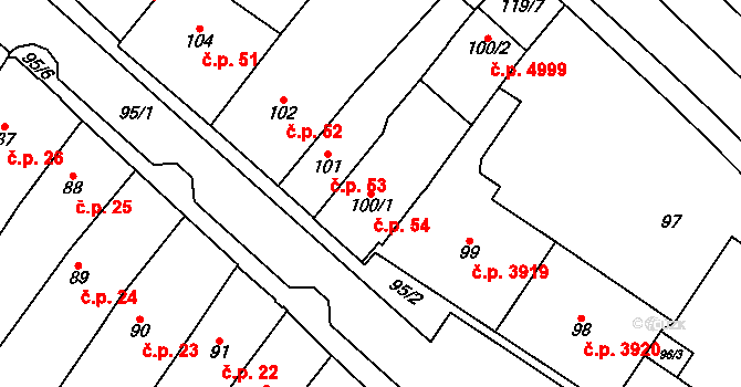 Chomutov 54 na parcele st. 100/1 v KÚ Chomutov I, Katastrální mapa