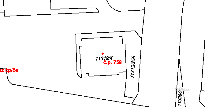 Severní Předměstí 758, Plzeň na parcele st. 11319/4 v KÚ Plzeň, Katastrální mapa