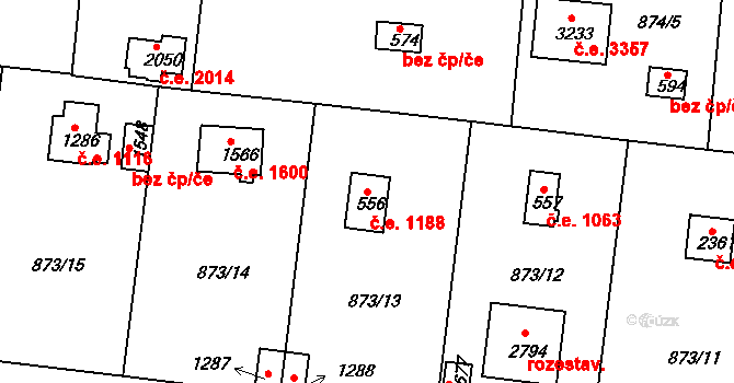 Litice 1188, Plzeň na parcele st. 556 v KÚ Valcha, Katastrální mapa