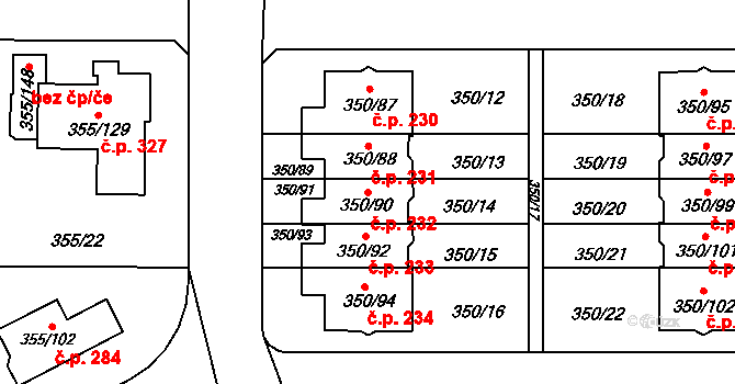 Červený Hrádek 232, Plzeň na parcele st. 350/90 v KÚ Červený Hrádek u Plzně, Katastrální mapa