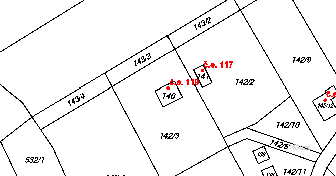 Dojetřice 119, Sázava na parcele st. 140 v KÚ Dojetřice, Katastrální mapa