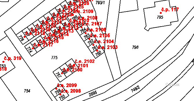 Mariánské Údolí 2103, Hlubočky na parcele st. 760 v KÚ Hlubočky, Katastrální mapa