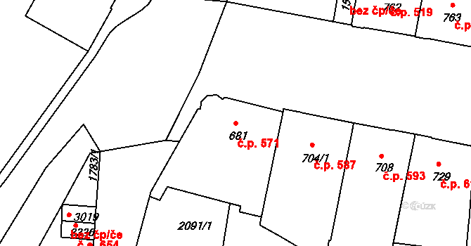 Slaný 571 na parcele st. 681 v KÚ Slaný, Katastrální mapa