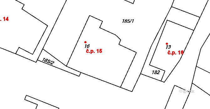 Dolní Jelení 15, Horní Jelení na parcele st. 16 v KÚ Dolní Jelení, Katastrální mapa