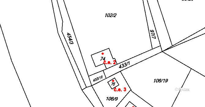 Počaply 2, Sezemice na parcele st. 74 v KÚ Počaply nad Loučnou, Katastrální mapa