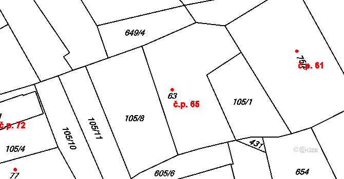 Rosice 65, Pardubice na parcele st. 63 v KÚ Rosice nad Labem, Katastrální mapa