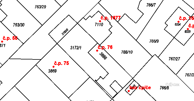 Bílé Předměstí 76, Pardubice na parcele st. 3868 v KÚ Pardubice, Katastrální mapa