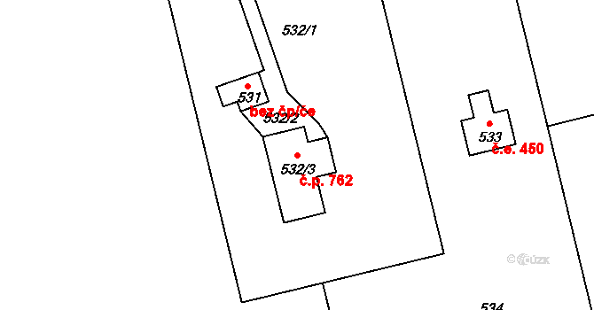 Hradištko 762 na parcele st. 532/3 v KÚ Hradištko u Sadské, Katastrální mapa