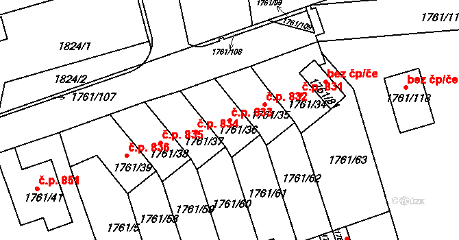 Podbořany 833 na parcele st. 1761/36 v KÚ Podbořany, Katastrální mapa