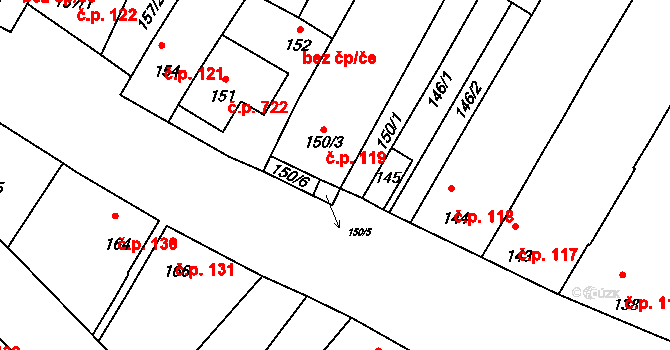 Drnholec 119 na parcele st. 150/3 v KÚ Drnholec, Katastrální mapa