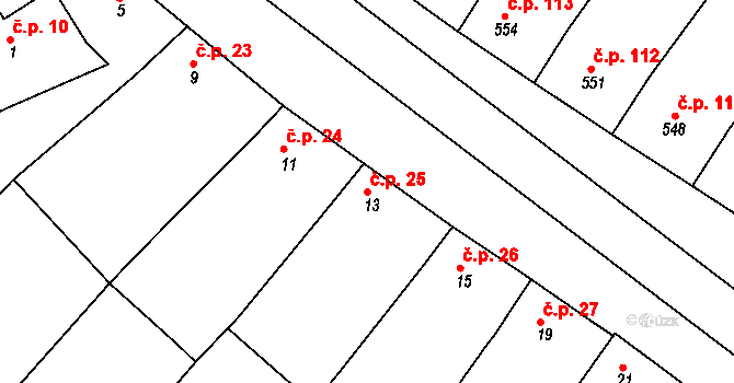 Hrušky 25 na parcele st. 13 v KÚ Hrušky, Katastrální mapa