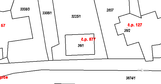 Libouchec 577 na parcele st. 36/1 v KÚ Libouchec, Katastrální mapa
