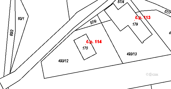 Rozhovice 114 na parcele st. 170 v KÚ Rozhovice, Katastrální mapa