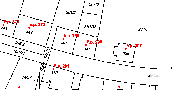 Lázně Toušeň 298 na parcele st. 341 v KÚ Lázně Toušeň, Katastrální mapa