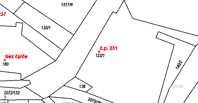 Liptaň 231 na parcele st. 122/1 v KÚ Liptaň, Katastrální mapa