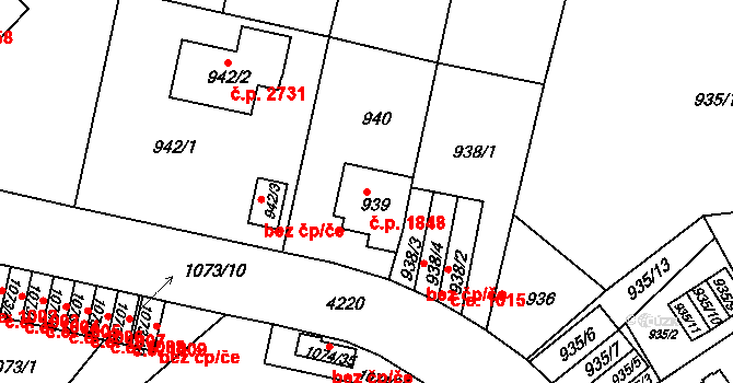 Ústí nad Labem-centrum 1848, Ústí nad Labem na parcele st. 939 v KÚ Ústí nad Labem, Katastrální mapa