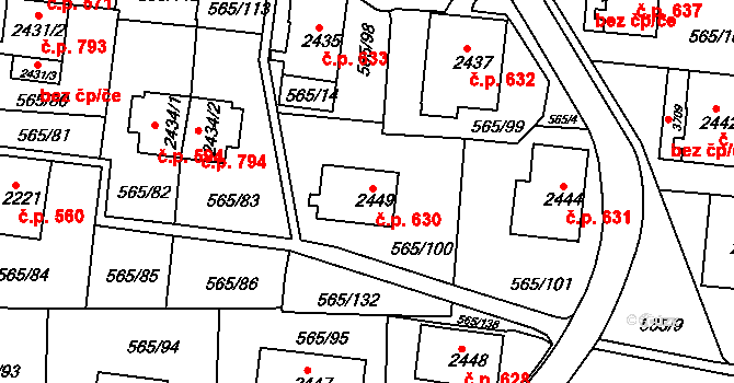 Borovina 630, Třebíč na parcele st. 2449 v KÚ Třebíč, Katastrální mapa