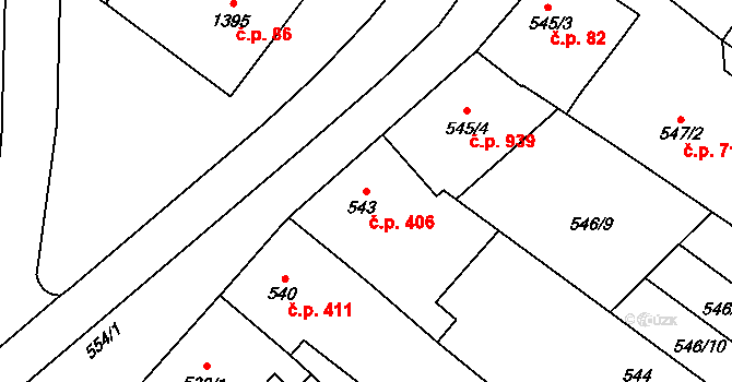 Tuřany 406, Brno na parcele st. 543 v KÚ Tuřany, Katastrální mapa