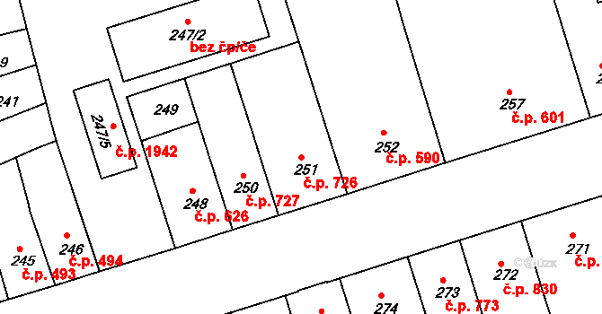 Trnovany 726, Teplice na parcele st. 251 v KÚ Teplice-Trnovany, Katastrální mapa