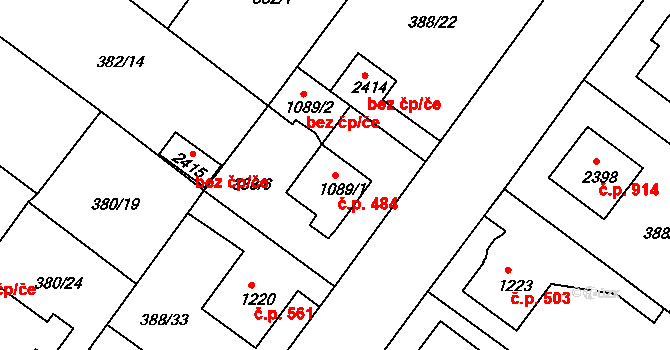 Nové Město 484, Rokycany na parcele st. 1089/1 v KÚ Rokycany, Katastrální mapa