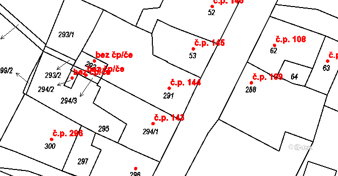 Hostomice 144 na parcele st. 291 v KÚ Hostomice pod Brdy, Katastrální mapa