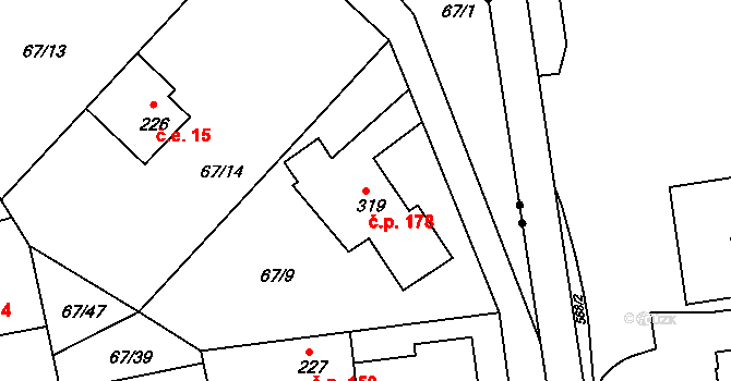 Třebeš 178, Hradec Králové na parcele st. 319 v KÚ Třebeš, Katastrální mapa