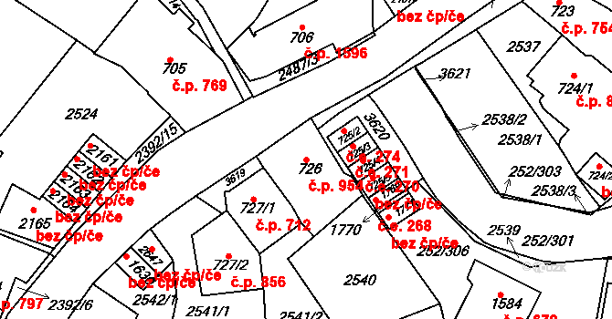 Rosice 954 na parcele st. 726 v KÚ Rosice u Brna, Katastrální mapa